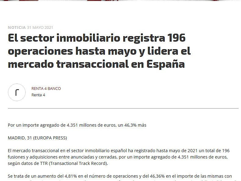 El sector inmobiliario registra 196 operaciones hasta mayo y lidera el mercado transaccional en Espaa